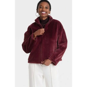 A New Day Women's Burgundy Plush Faux Fur 1/4 Zip Sweatshirt Small NEW